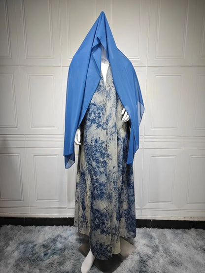 2025 sommer Arabisch Frauen Muslimische Kleidung Ramadan Dubai Offene Abaya Kleid mit Hijab Islam Gedruckt Chiffon 2 Stück Outfit