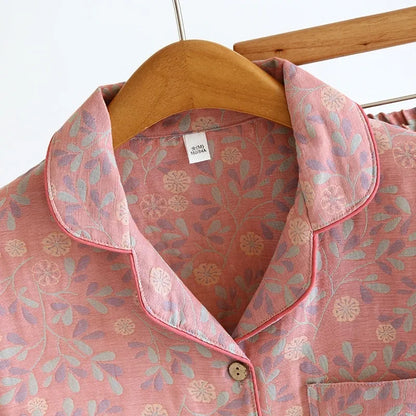 100% Cotton Crepe Homeclothes 2023 Autumn/Winter Women's Pajamas Suit Long-Sleeved Trousers 2-piece Yarn-Dyed Jacquard Pajamas