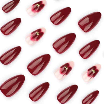 24pcs Women'S Nail Set Burgundy Almond Shape Medium Length Solid Color with Floral Golden Dust Design Fake Nails for Women/Girls.