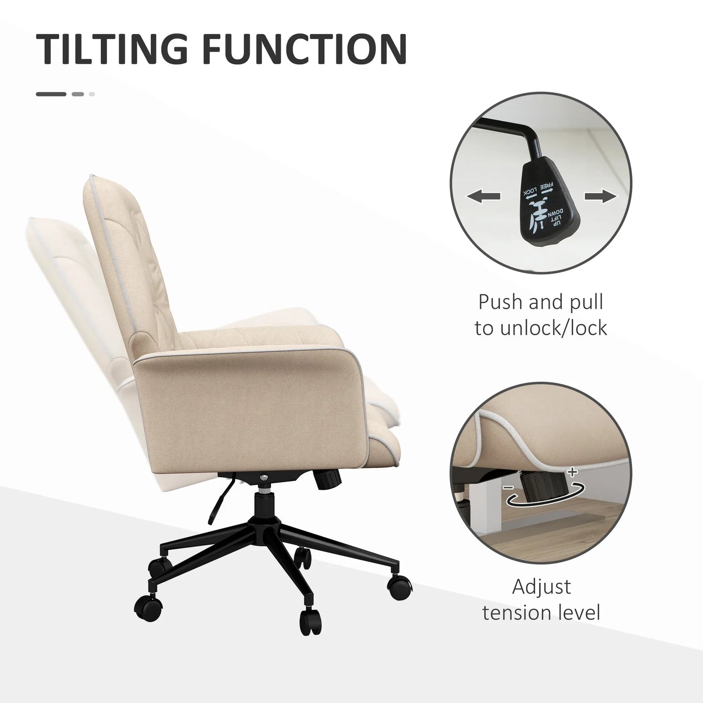 Moderner Bürostuhl mit Schaukelfunktion, höhenverstellbar, gepolsterter Stuhl bis 120 kg, beige für angenehmes Arbeiten