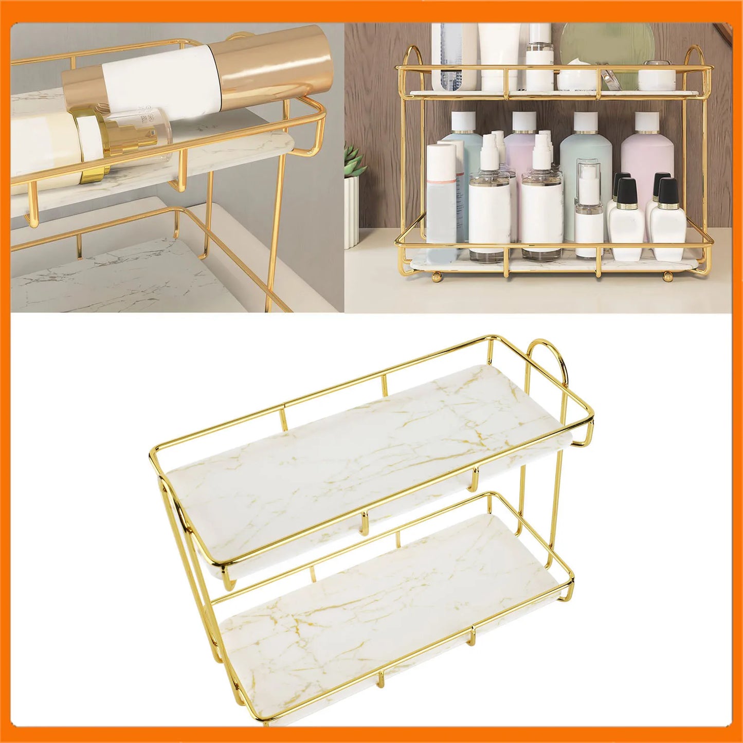 Badezimmerregal, goldfarben, weiß, 2-stufig, für Shampoo, Aufbewahrungsregal, rutschfest, für Make-up, Dusche, Eckregale, Badezimmer-Organizer, Zubehör