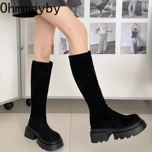 Winter Platform Punk Style Woman Knee High Boot Concise Slip On Elastic Slim Shoes Ladies Thick Bottom Knight Long Booties.