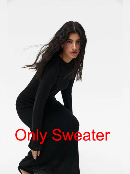 Hirsionsan Frühling Herbst Oansatz Elastische Stricken Lange Kleider Frauen 2024 Elegante Chic Weiche Dame Aushöhlung Pullover Kleider Femme Neue