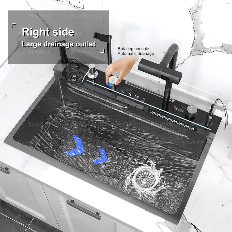 Household Digital Display Piano Button Waterfall Faucet Stainless Steel Kitchen Sink Large Single Bowl Multifunctional Wash Slot