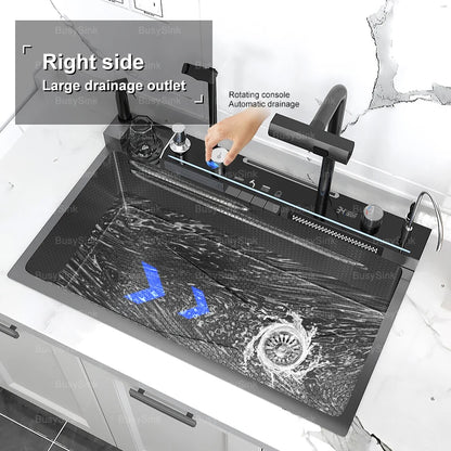 Household Digital Display Piano Button Waterfall Faucet Stainless Steel Kitchen Sink Large Single Bowl Multifunctional Wash Slot