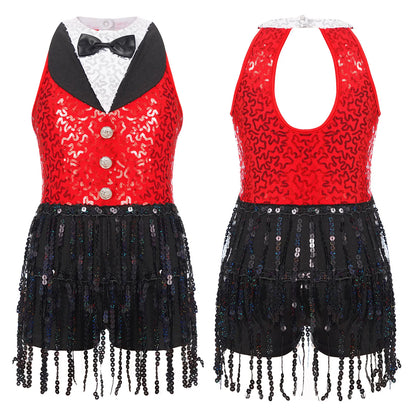 Kind Mädchen Ärmellose Glänzende Pailletten Quaste Boyshorts Kleid Latin Jazz Dance Cha-cha Samba Bühne Leistung Kostüm Dancewear