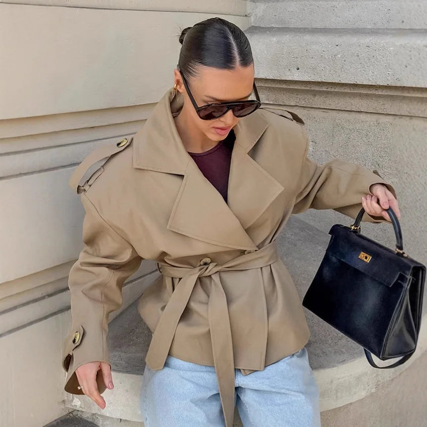 2025 Women Fall Lace-up Cropped Trench Coat Fashion Lapel Long Sleeves Wide Shoulder Windbreaker Jacket Commuting Daily Jackets.