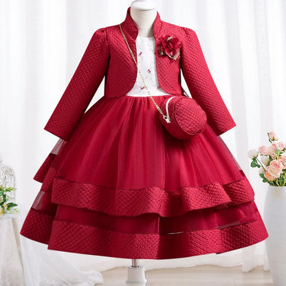 Neues Herbst/Winter Langarm-Partykleid, elegantes Mädchen-Stickerei, Weihnachts-Performance-Kleid, Geschenktüte für Kinder im Alter von 3–11 Jahren.