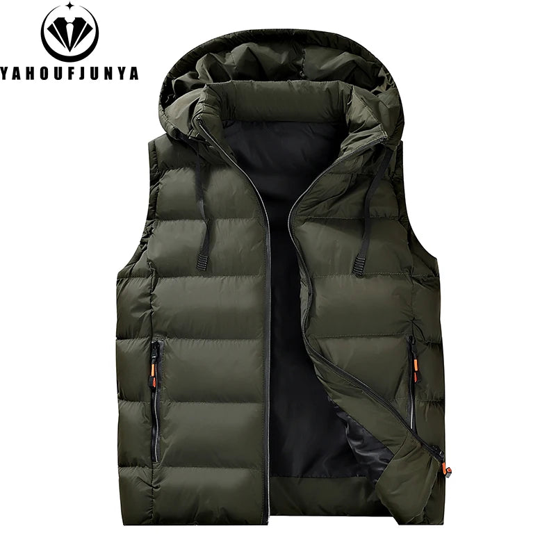 Autumn Winter Men Sleeveless Warm Detachable Hooded Vest Men Outdoor Windproof Casual Fashion Loose Brand Zipper Vest Male Coat.