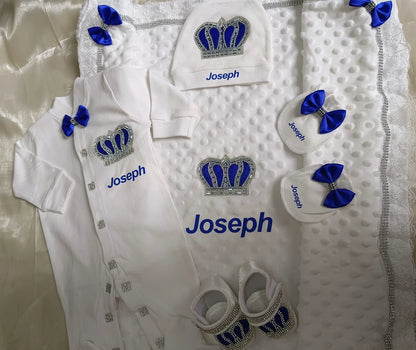 5pcs Handmade DIY Vinyl Name Personalized Baby Girl Newborn Jewels Crown Pink Take Me Home Layette 5 Piece Deluxe Gift Set