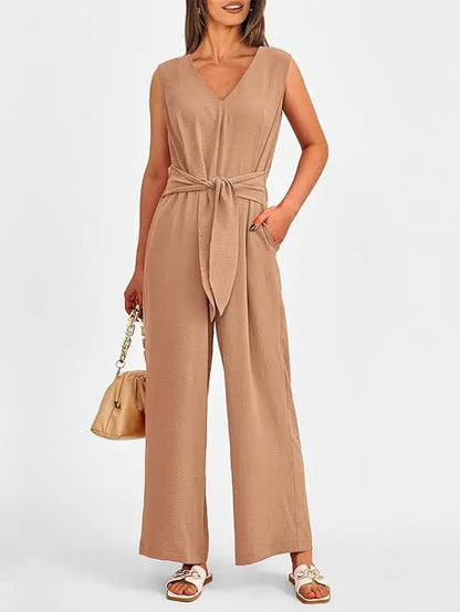 Summer High Waist Lace-up Jumpsuits Women 2025 New Sleeveless V-neck Side Pocket Solid Casual Jumpsuit Office Ladies Rompers