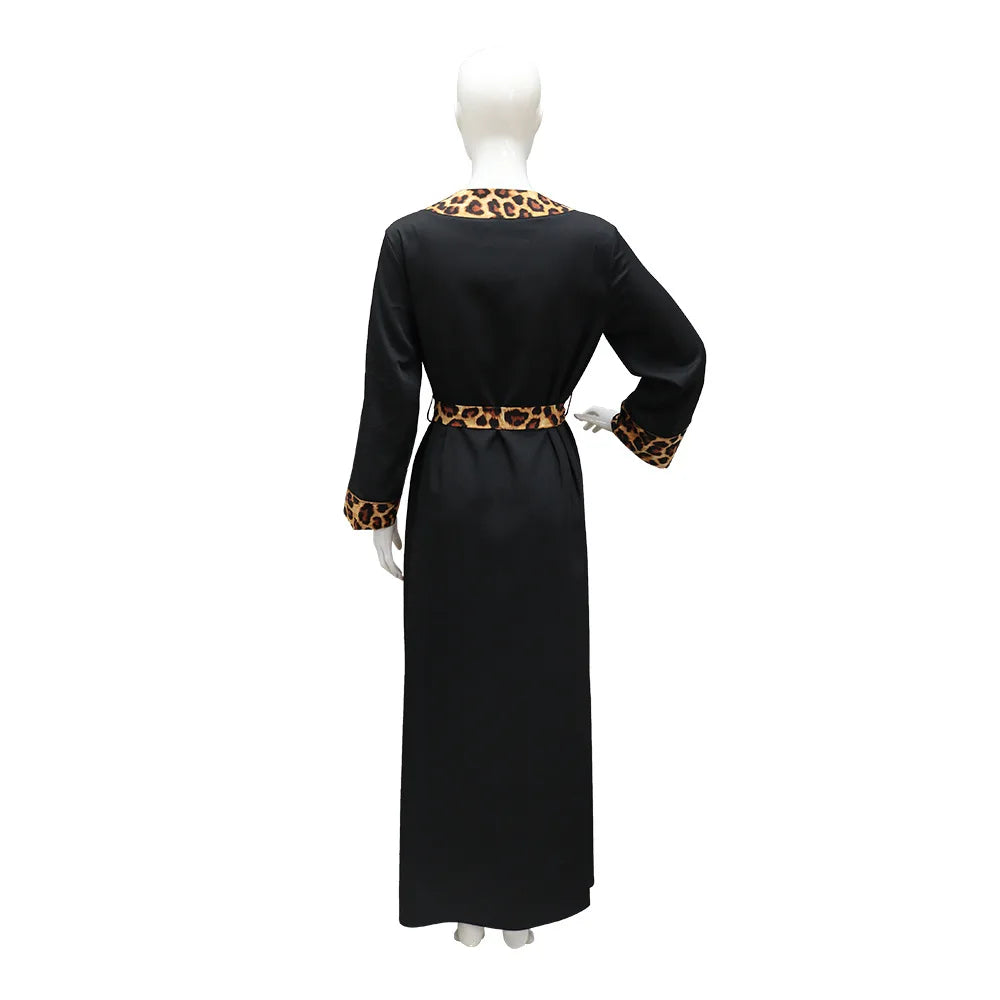 Elegantes arabisches Frauen-Partykleid, afrikanischer V-Ausschnitt, Leopardenmuster, langärmelig, Abaya, modische muslimische Dame, Urlaubskleid, islamische Kleidung