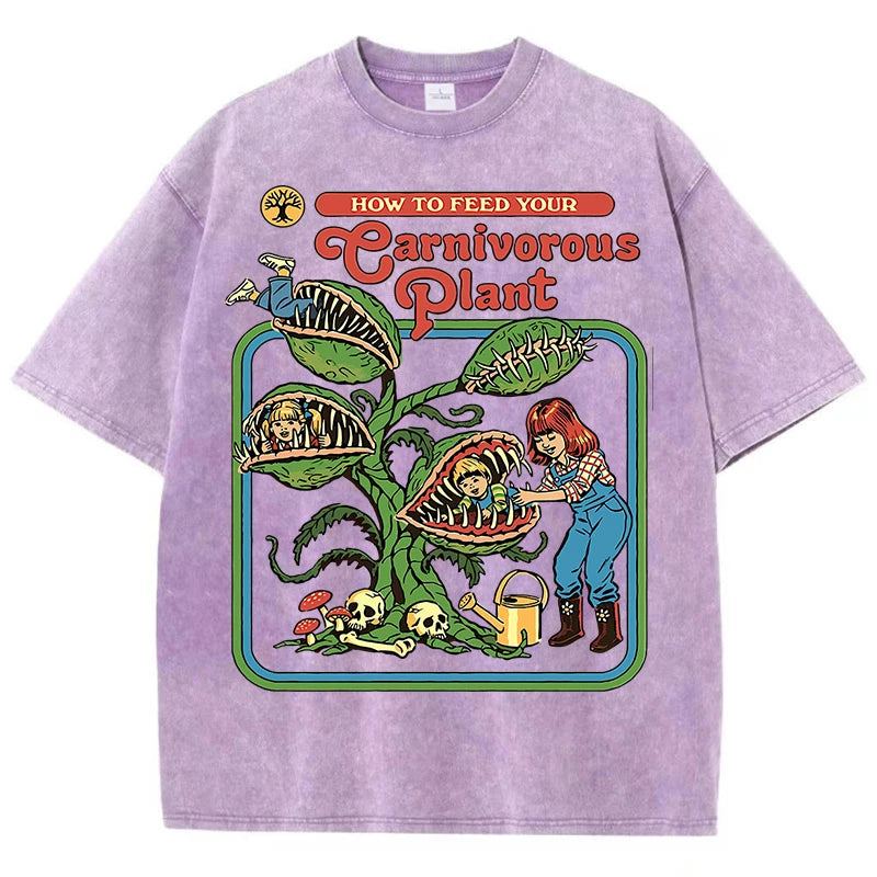 Earnivorous Plant Pattern Washed T-Shirts Men Breathable Cotton Casual T Shirt Soft Summer Comfortable Crewneck Short Sleeve.