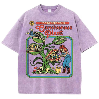 Earnivorous Plant Pattern Washed T-Shirts Men Breathable Cotton Casual T Shirt Soft Summer Comfortable Crewneck Short Sleeve.