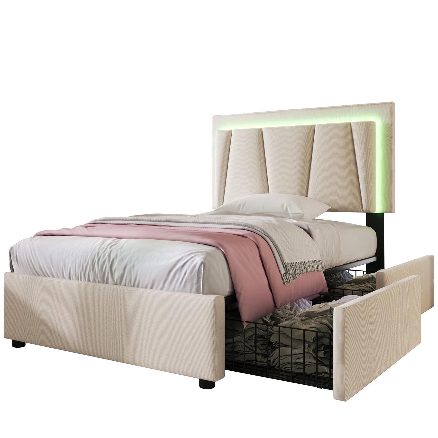KOMHTOM Polsterbett Einzelbett 90x200 cm, LED-Beleuchtung, 2 Schubladen, höhenverstellbares Kopfteil, ohne Matratze