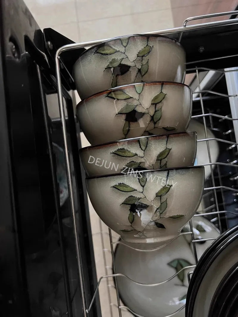 1Pc Vintage Bamboo Leaf Ceramic Bowl Salad Plate Exquisite Ceramic Cutlery Household Noodle Bowl Western Steak Cake Sushi Plate.