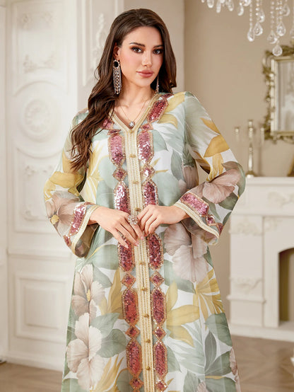 Ramadan Dubai Floral Print Long Dress Sequins Patchwork Abayas Mesh Kebaya For Muslim Women's Casual Loose Clothing.