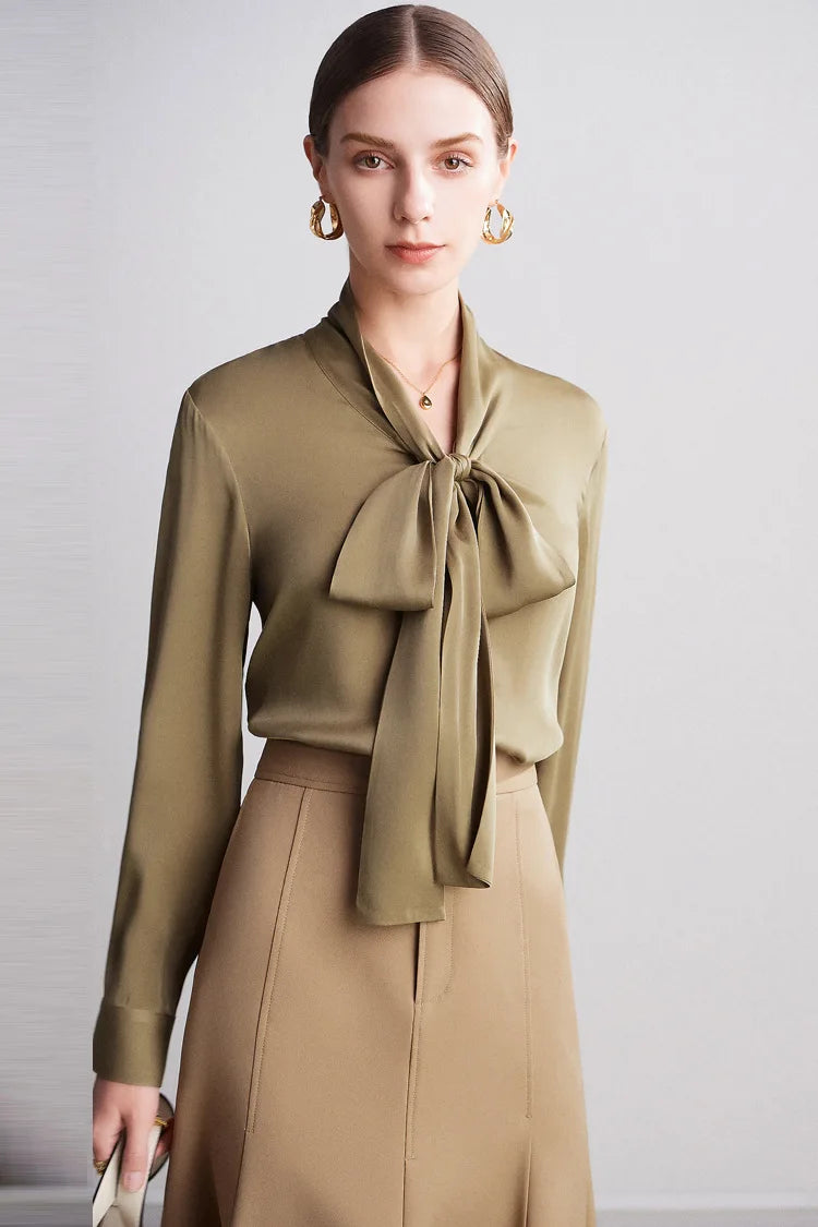 Silk Shirt Women's Thick Temperament Streamer 2025 Spring and Summer New Mulberry Silk Lace-up Design Shirt Long-sleeved Top