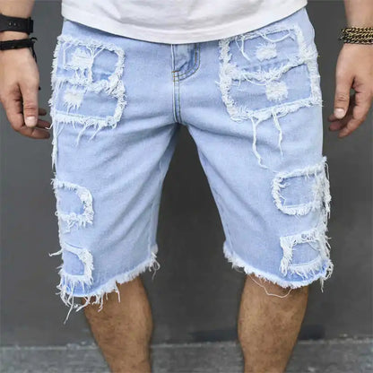 Denim Hole Knee Length Men Washed Jean Mid Waist Spliced Ripped Pockets Loose Fit Distressed Straight Pants 2024 Casual.