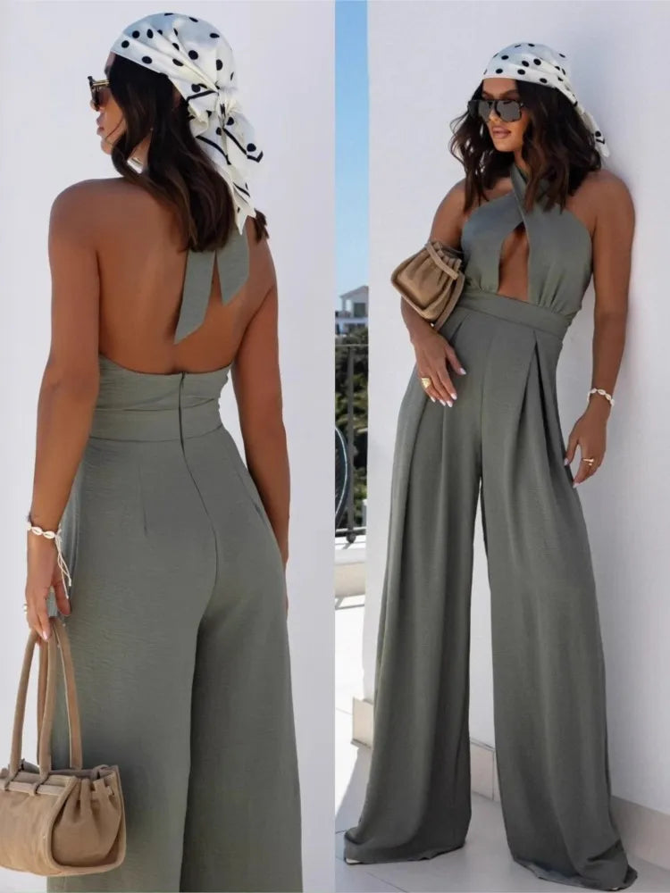 Sexy Backless Halter Neck Sleeveless Bandage Jumpsuit Summer Women Fashion Red Black Hollow Out Wide Leg Jumpsuits Streetwear.