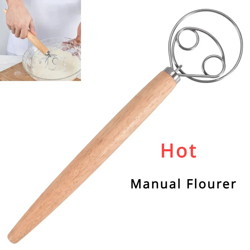Cake Tools Danish Dough Whisk Stainless Steel Dutch Bread Dough Hand Mixer Wooden Handle Kitchen Baking Tools Artisian Blender.