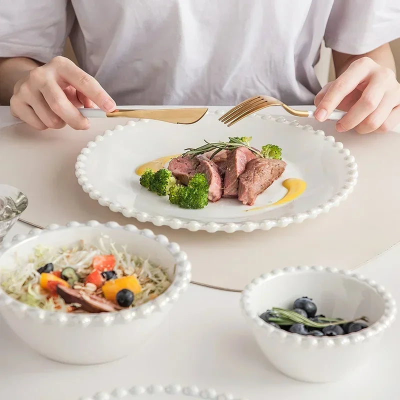 Ceramic Tableware Set Nordic Creative Pearls Beaded Edge Western Food Snack Plate Rice Bowl Soup Bowl Steak Plate Set Kitchen.