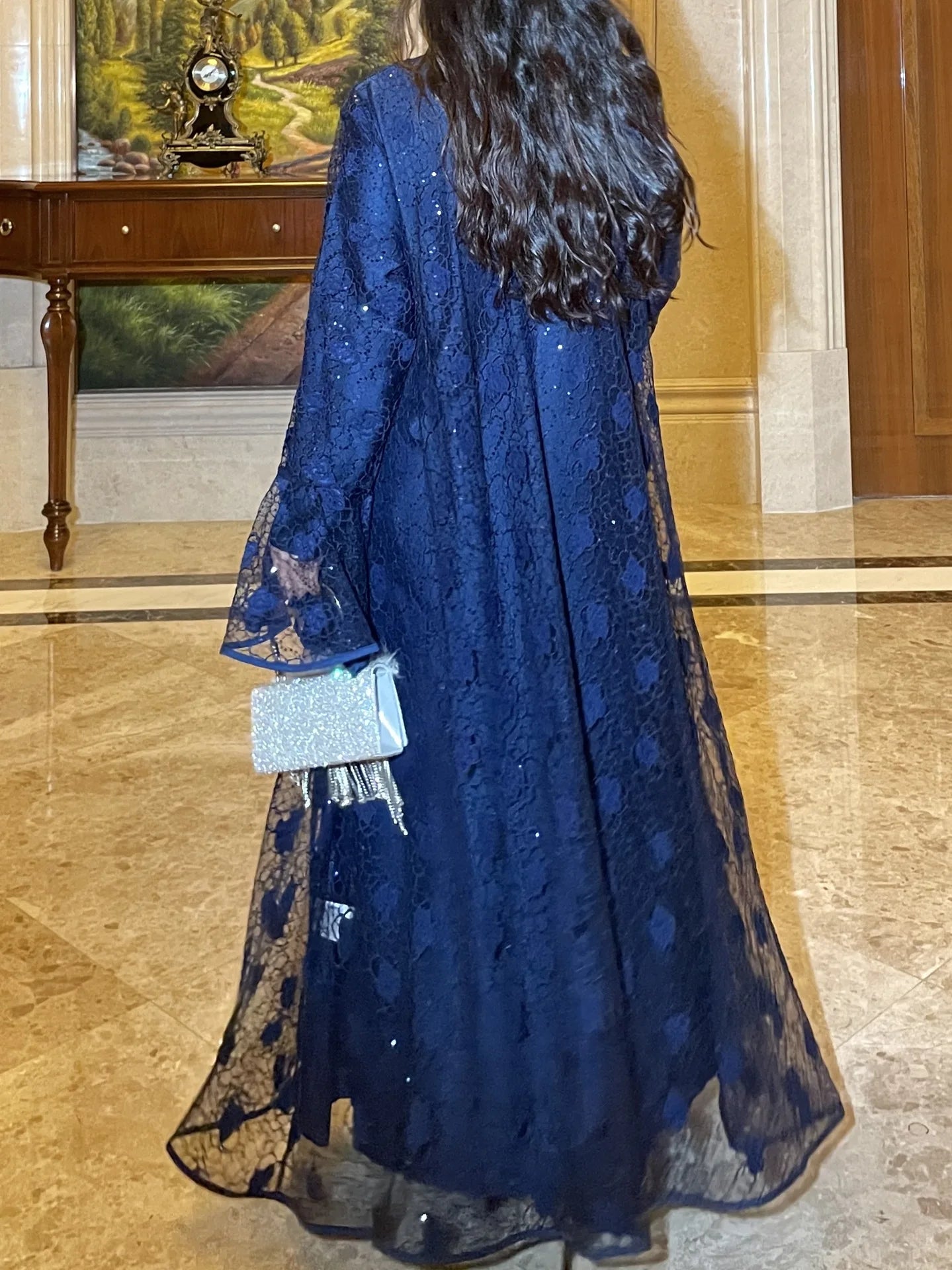 Muslim Women Abaya Dress 2 Piece Set Flare Sleeve Lace Sequin Satin Morocco Caftan Dress Musulman Ensembles Cadigan Outfit Suits.