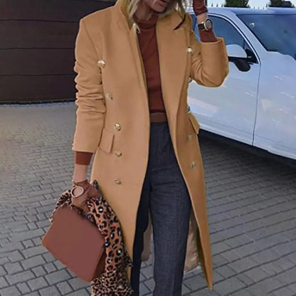 2025 Herbst Zweireiher Revers Lange Wollmäntel Elegante Slim Fit Taschen Lange Ärmel Mantel Damen Straße Oberbekleidung.