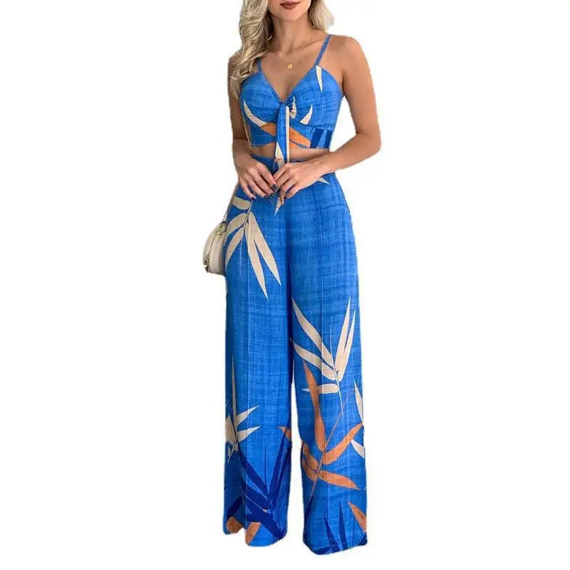 Elegant Two Piece Outfits For Women 2025 Sexy V-Neck Strap Backless Lace-up Slim Crop Top & Wide Leg Pants Sets Summer Lady Suit.