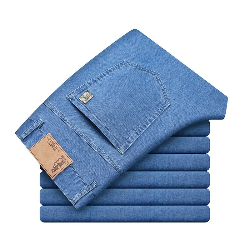 Men's Ice Silk Jeans Summer New Lyocell Thin Business Casual Denim Pants Classic All Match Slim Fit Straight Elastic Jean Male