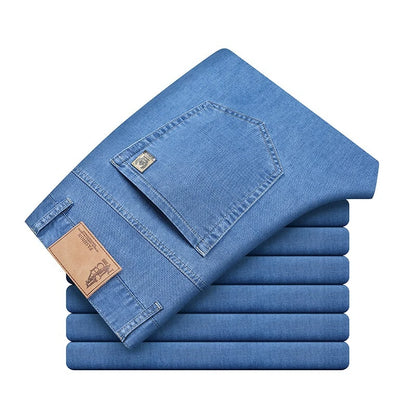 Men's Ice Silk Jeans Summer New Lyocell Thin Business Casual Denim Pants Classic All Match Slim Fit Straight Elastic Jean Male