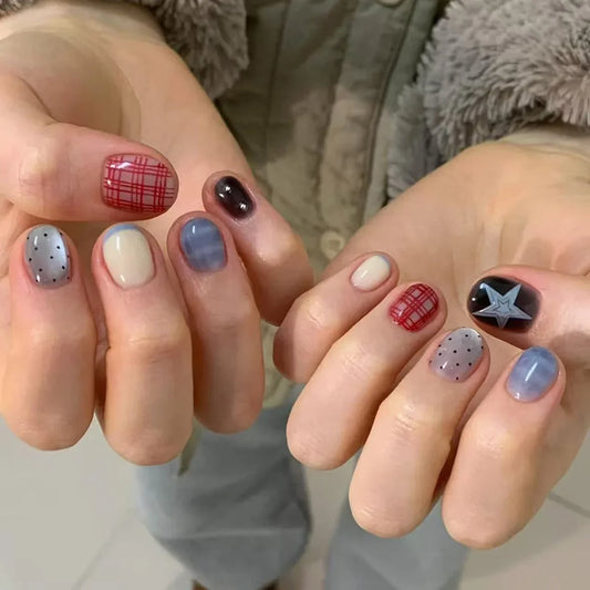 10pcs Short Oval Shaped Press-On Nails - Color Block Stripes & Star Designs Glossy Mix-and-Match False Nails for Women and Girls.