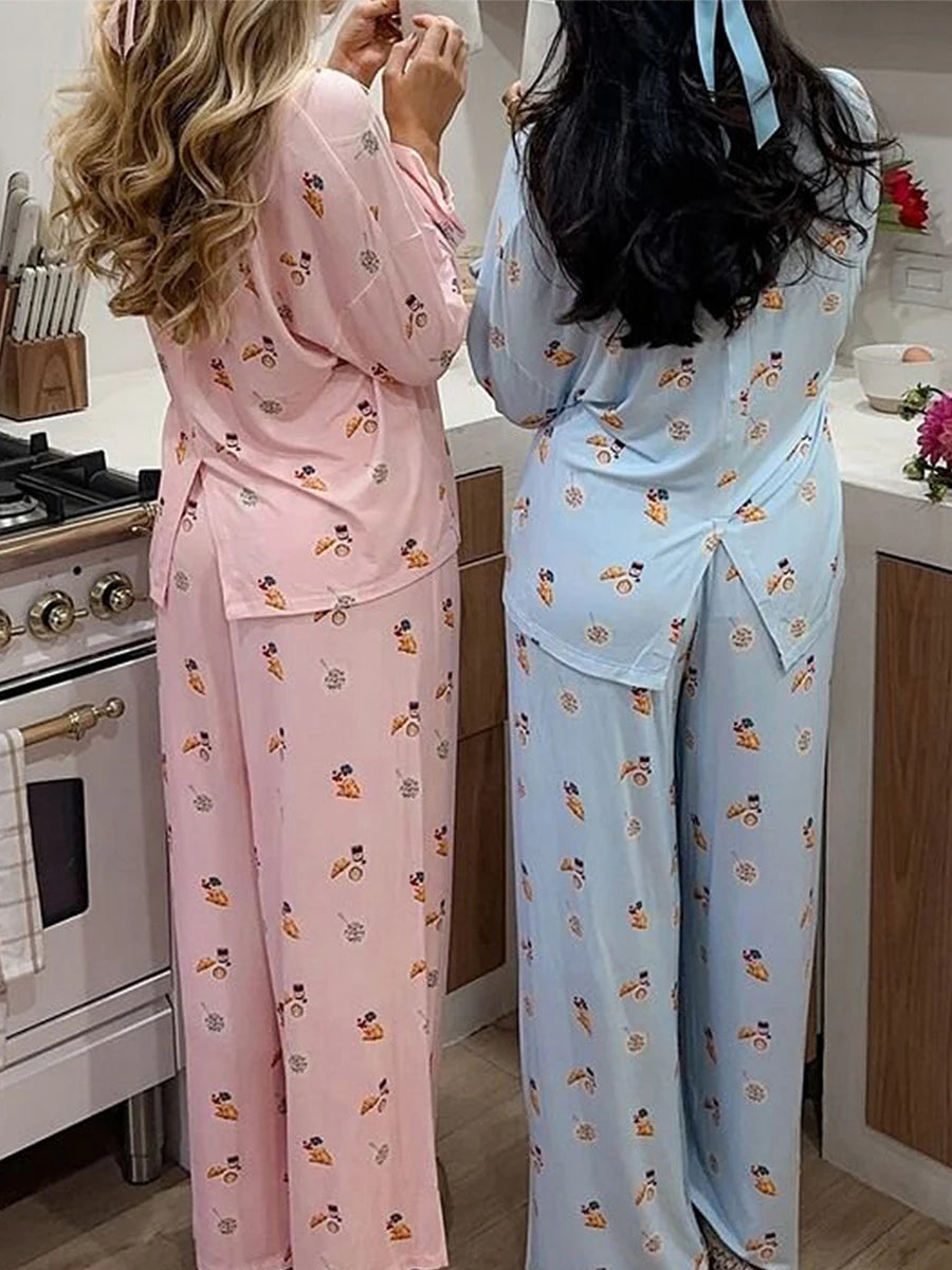 Maemukilabe Women Y2K Floral Pajama Set Long Sleeve Shirt and Pants Set Vintage 2 Piece Lounge Set Cute Bow Pjs Sleepwear.