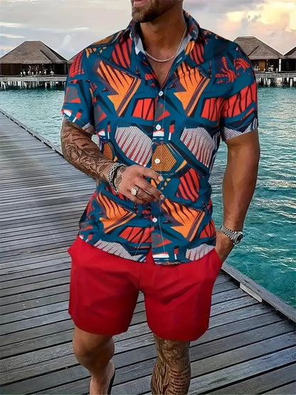 Men's Hawaii Shirt Set Men's 3D Printed Short Sleeve Shirt Shorts Two Piece Summer Beach Lapel Shirt Set Unisex Casual Clothing