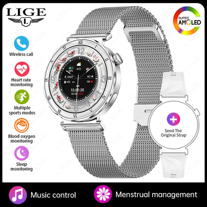 LIGE Luxury 1.19” AMOLED Screen Smart Watch Women Health Monitor Women's Wristwatch Bluetooth Call Waterproof Ladies Smartwatch