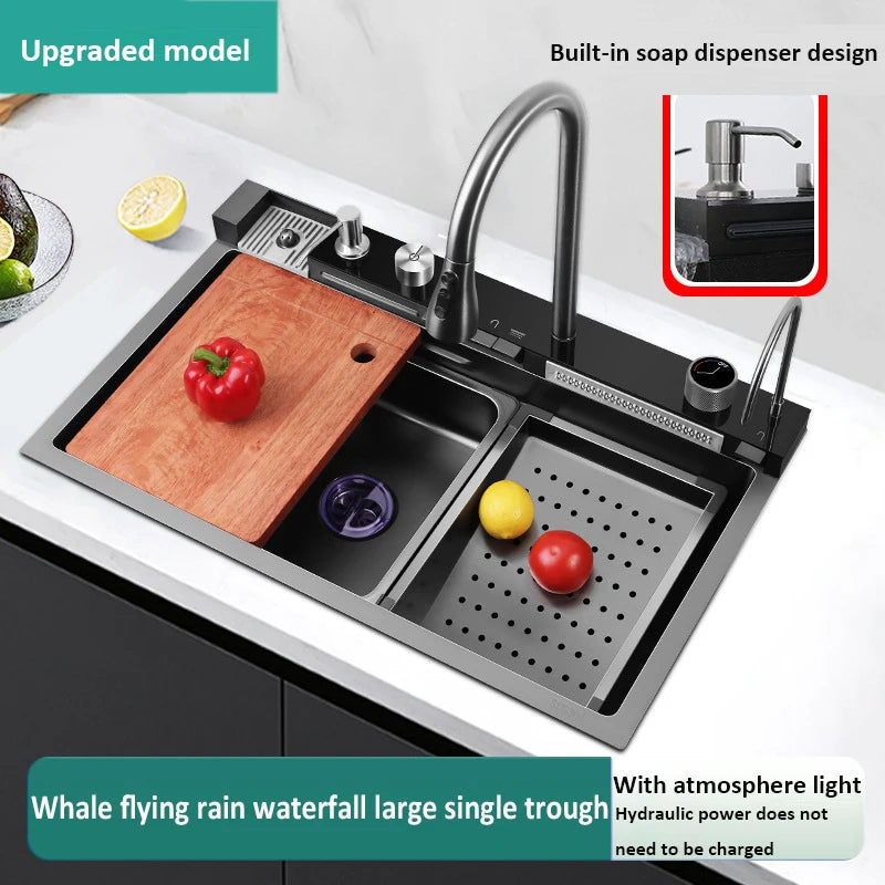 Whale style kitchen sink digital display flying rain waterfall stainless steel dishwashing pool vegetable washing basin multifun
