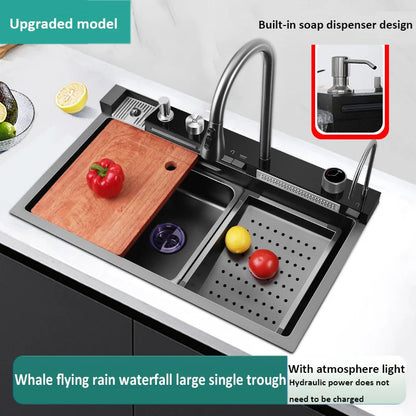 Whale style kitchen sink digital display flying rain waterfall stainless steel dishwashing pool vegetable washing basin multifun
