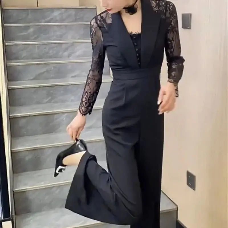 BESTBAFU Sexy Lace Patchwork Sheer Jumpsuit Women  Spring Elegant Office Formal Outfit Black High Waist Wide Leg Romper 126P.