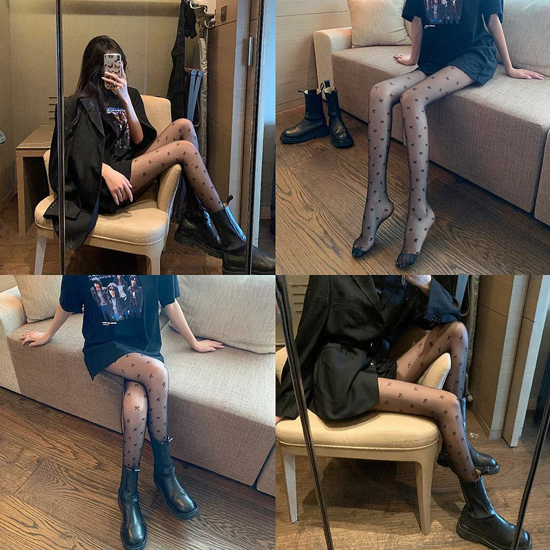 Black Polka Dot Butterfly Knot Tights Ultra Thin Women's Stockings Prevent Snagging Sexy Silk Pantyhose Spring Summer.