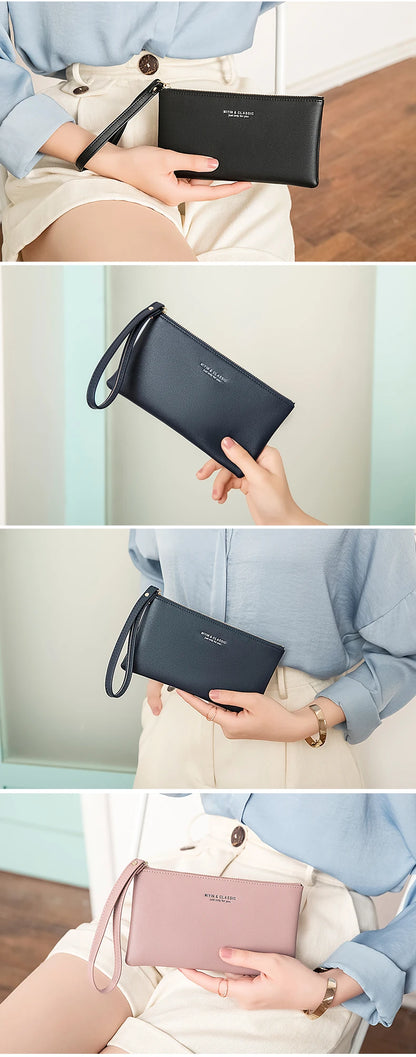 Simple Solid Color Thin Long Wallet PU Leather Large Capacity Zipper Wallet Classic Fashion Womens Handbag Can Hold Mobile Phone.