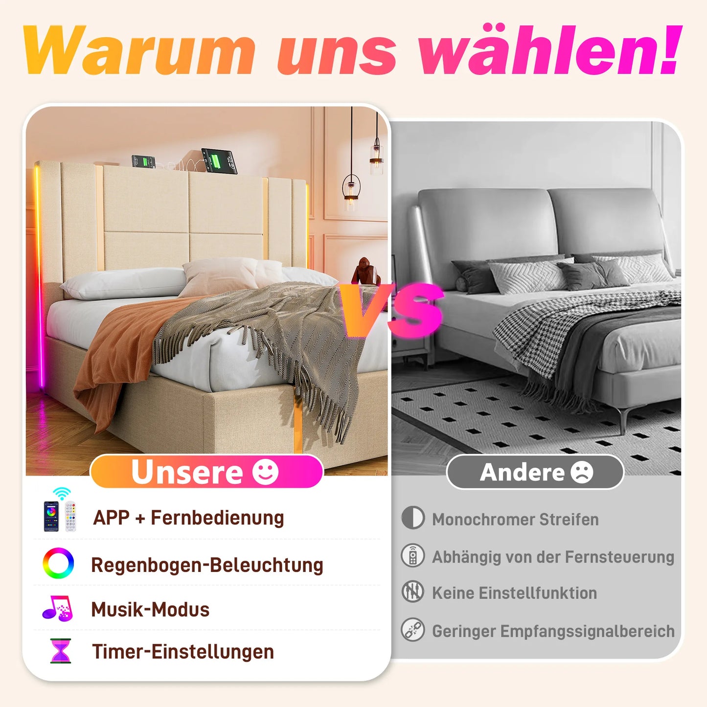 KOMHTOM Doppelbett- USB Type C Ladefunktion, APP-Control LED, Stauraumbettgestell, Leinenmaterial, ohne Matratze