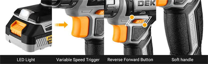 Die 20-V-Akku-Bohrmaschine von DEKO verfügt über zwei Wechselgeschwindigkeiten. 18+1 Drehmomentschraubendreher. 29-teiliges Bohrset mit 1,5-Ah-Akku und Ladegerät