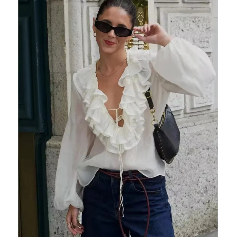 MUJER 2025 Ruffle Blouses for Women Semi Sheer Casual Blouse Woman Pleated Summer Shirts and Blouses Women Long Sleeve Women Top.