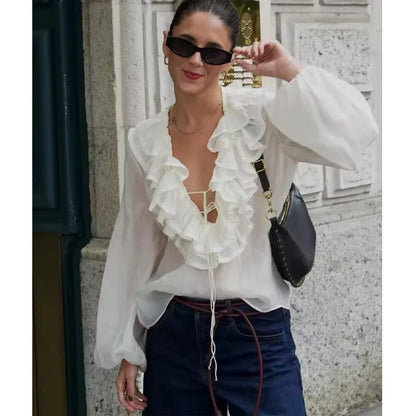 MUJER 2025 Ruffle Blouses for Women Semi Sheer Casual Blouse Woman Pleated Summer Shirts and Blouses Women Long Sleeve Women Top.
