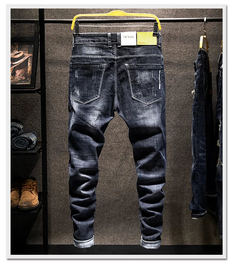 New Men's Fashion Ripped Jeans Stretch Slim Straight Little Feet Pants Hip Hop Youth Streetwear Punk Personality Male Trousers.