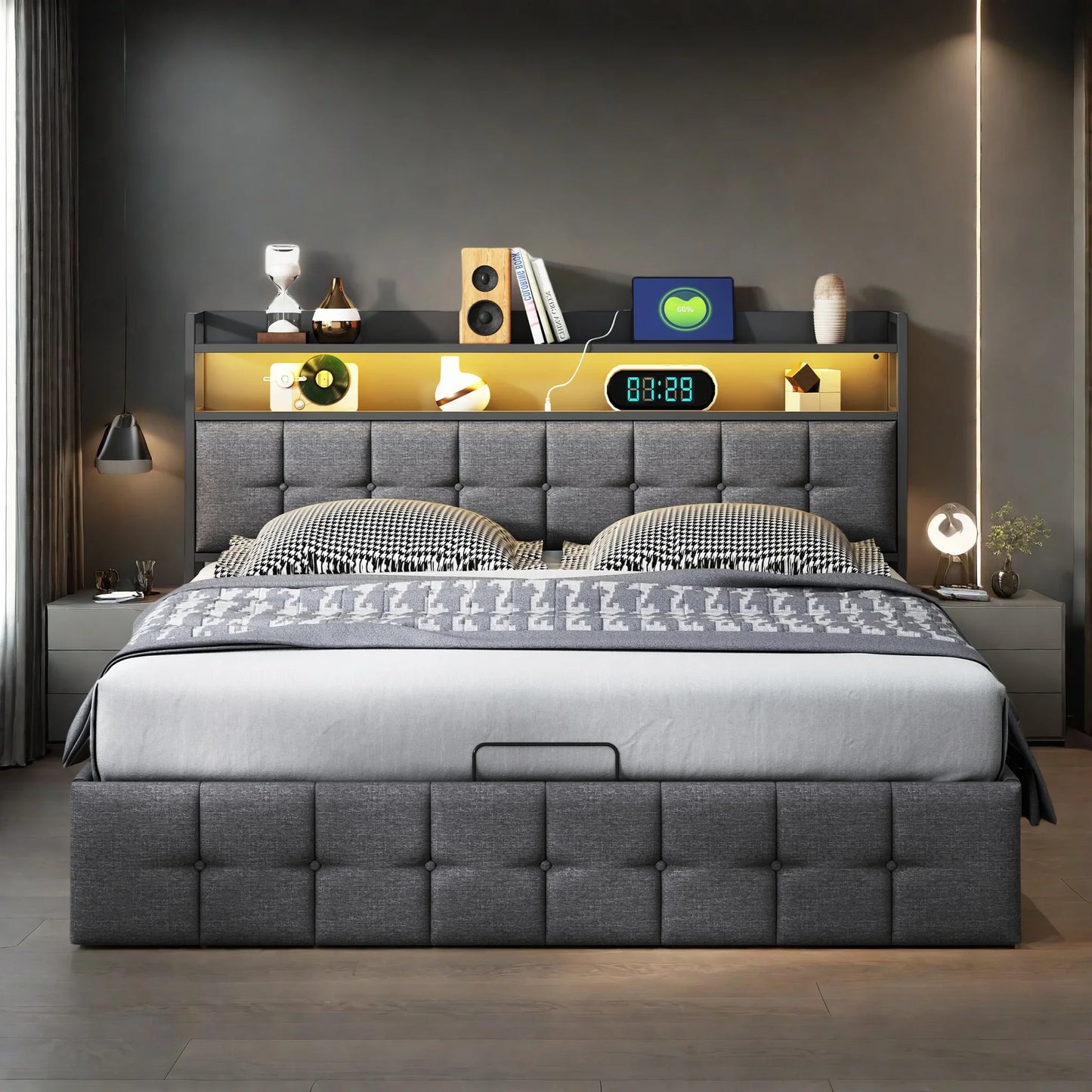 Rosahqnda Kissenbett, gepolstertes hydraulisches Bettgestell, graues Leinenkopfteil, Leinenstoff ohne Matratze