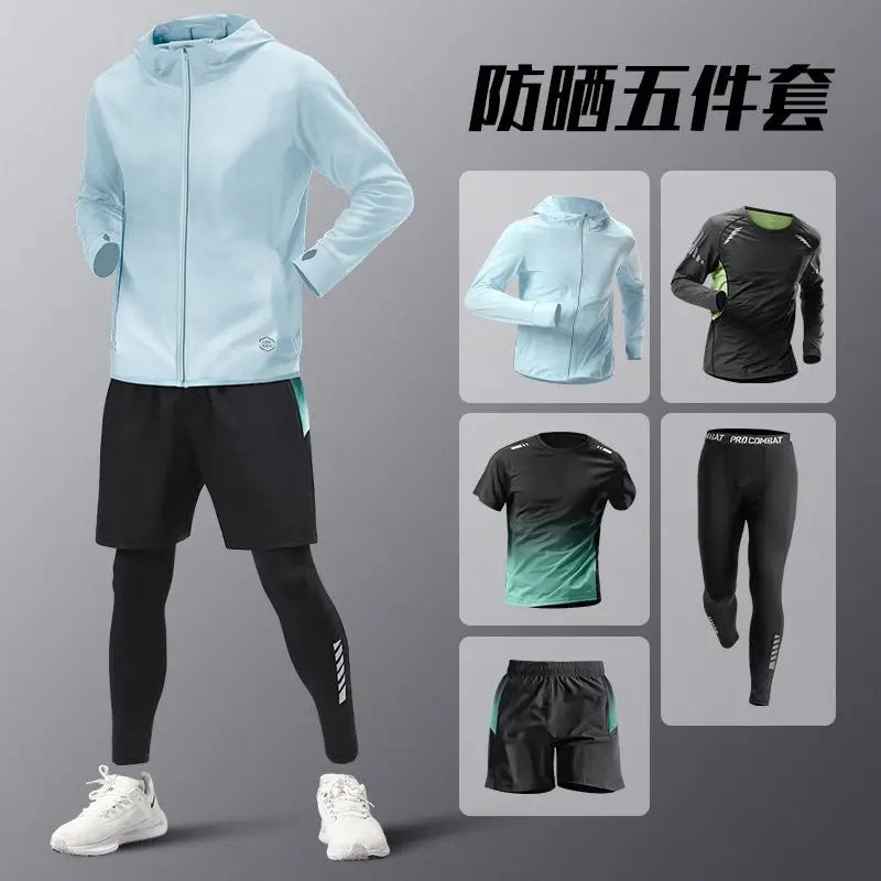 5pcs Men's Lightweight Summer Ice Silk Athletic Set Quick-Dry Running Clothes Outdoor Kit Cycling Fitness Men's Sportswear Set