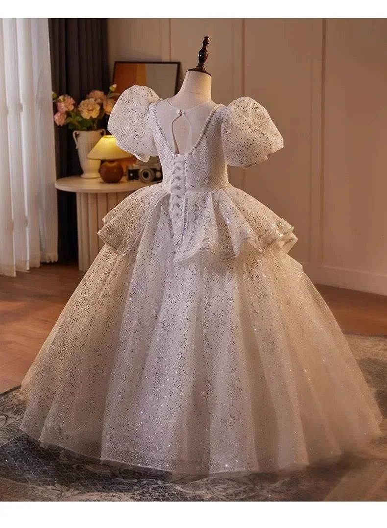 2025 Mädchen Neue Mode Prinzessin Kleid Große Kinder Weiß Klavier Leistung Puffy FormalParty WearParty Tragen Kleid Host Outfit Geburtstag.
