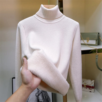 Verdicken Samt Rollkragenpullover Frauen Koreanische Mode Gefüttert Warme Sueter Gestrickte Pullover Schlank Top Winter Jersey Strickwaren Jumper.