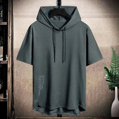 2025 Men's Summer Hoodies T-shirts Short Sleeve Solid Color Loose Hooded Drawstring Pullover Tops Basic Tees for Daily Wear Male